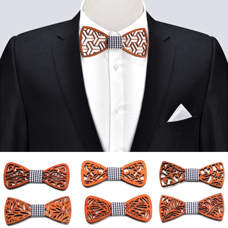 SOMEHOUR Floral Wood Bow Ties For Men Engraved Hollow Wooden Butterflies Bowknots Handmade Craft Gravata Weeding Suits Necktie