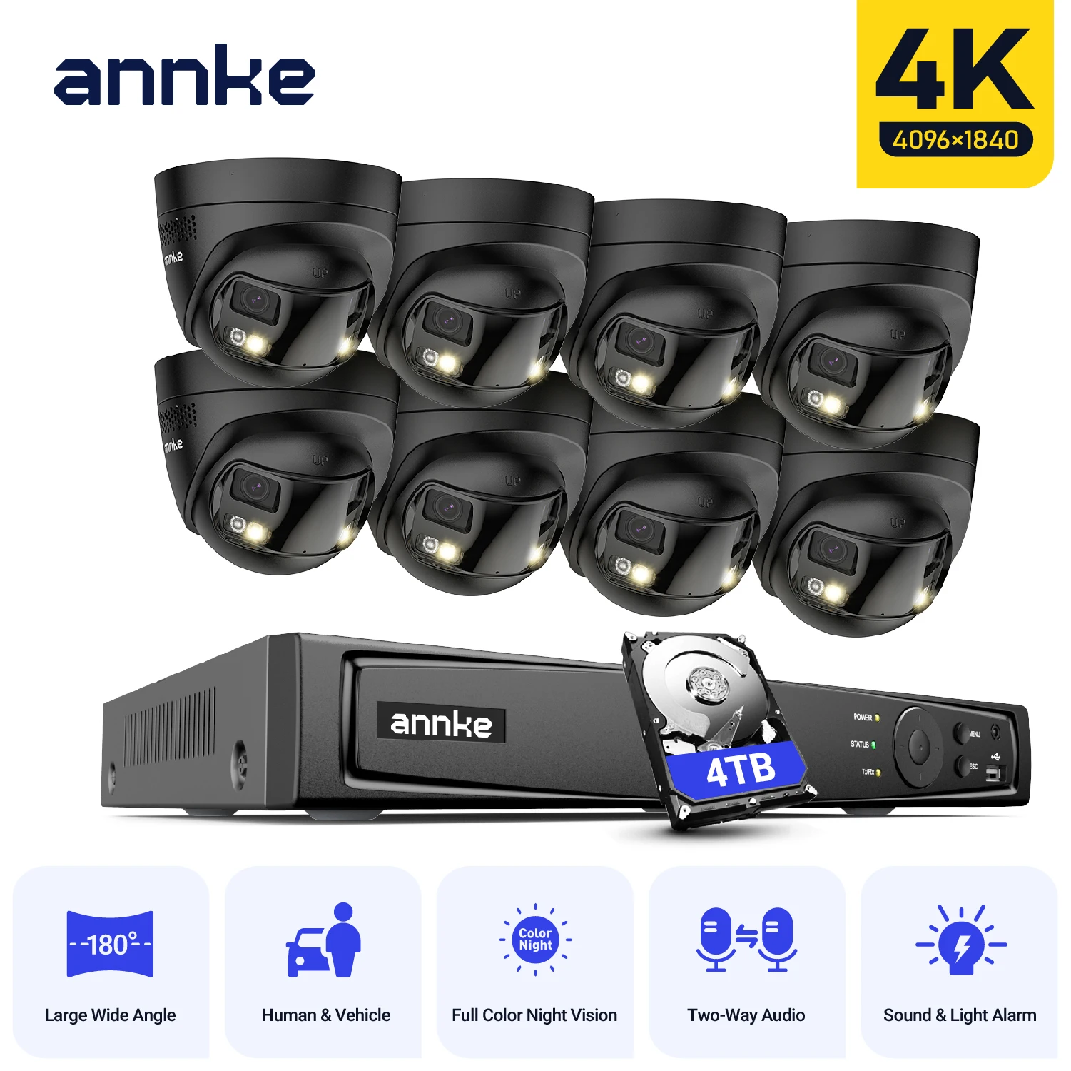 Caméra de sécurité ANNKE 8MP à double objectif, NVR 8CH avec caméra extérieure noire IP67, vision nocturne couleur intelligente et dissuasion active, audio bidirectionnel, kit de vidéosurveillance CCTV 4K 4/8 pièces