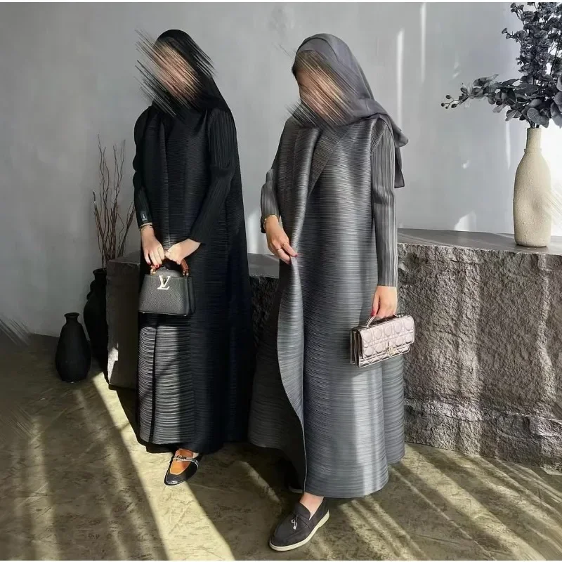 Miyake Plisowana Jednokolorowa Długa Kurtka Plus Size Saudi Damska Długi Rękaw Szal Kardigan Krawat Abaya