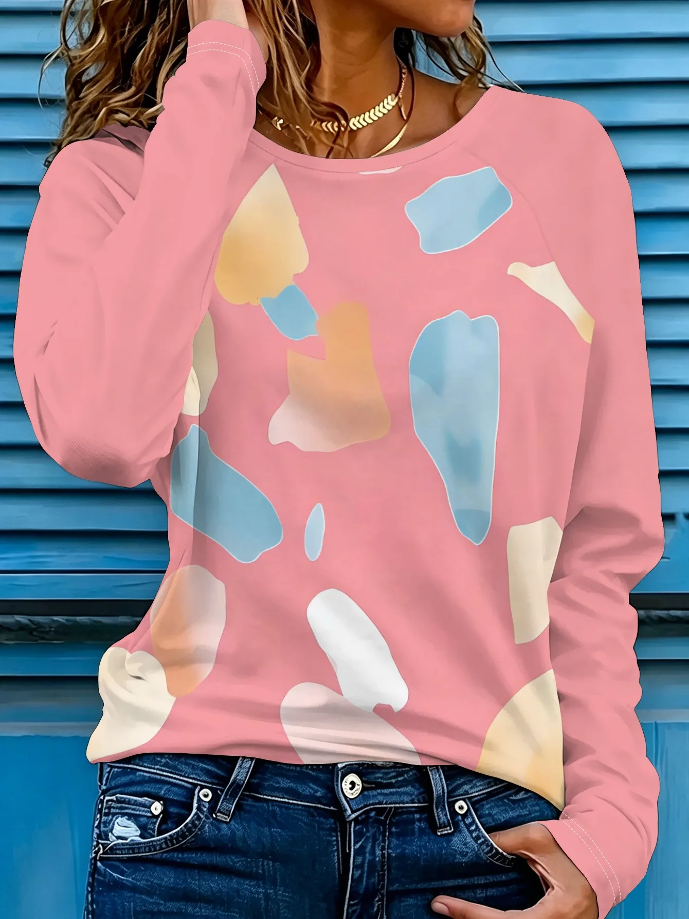 New Women Round Neck Long Sleeve T-shirt Pastel Abstract Block Street Print Casual Top Spring Autumn Ladies Daily Wear