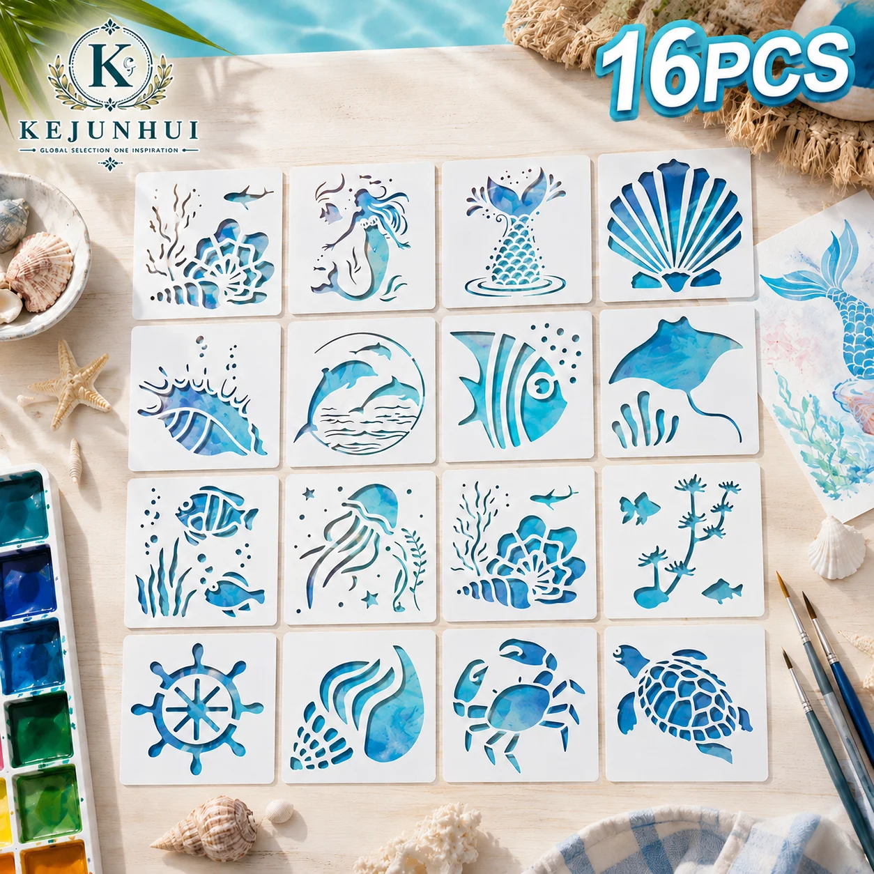 16Pcs Sea Life Stencils Reusable PET DIY Painting Templates Ocean Creatures Mermaid for Wood Wall Fabric Rock Canvas Crafts