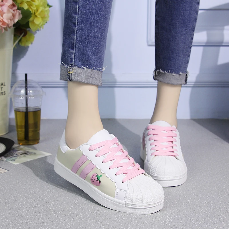 Summer Lolita Shoes Round Head Flat Japanese Sweet Strawberry Kawaii Girl Women Sneakers Kawaii Shoes Loli Cosplay Board Shoes