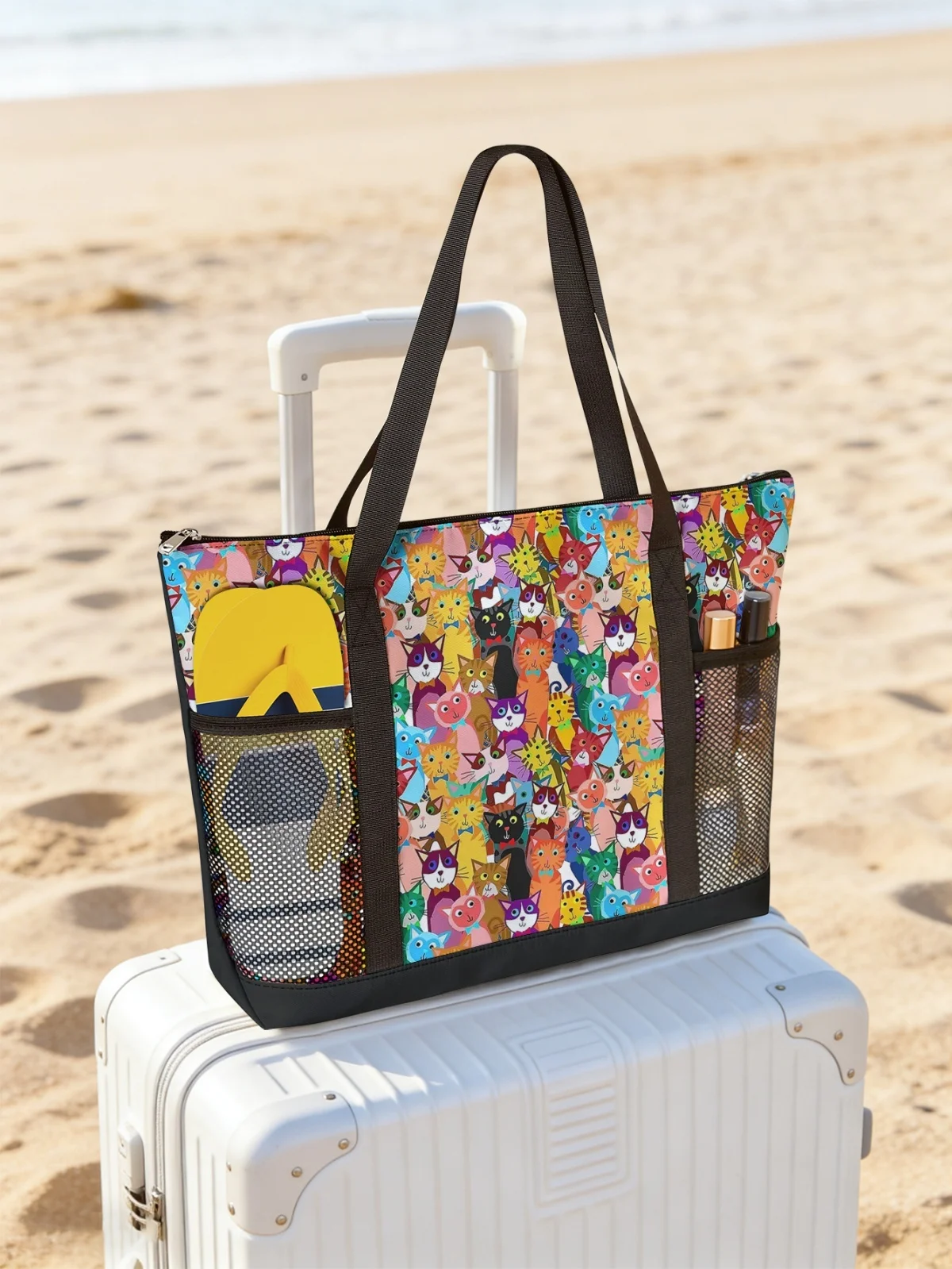 

Сумка с принтом кошки, женская пляжная сумка большой вместимости, водонепроницаемая дорожная сумка через плечо с сетчатыми карманами