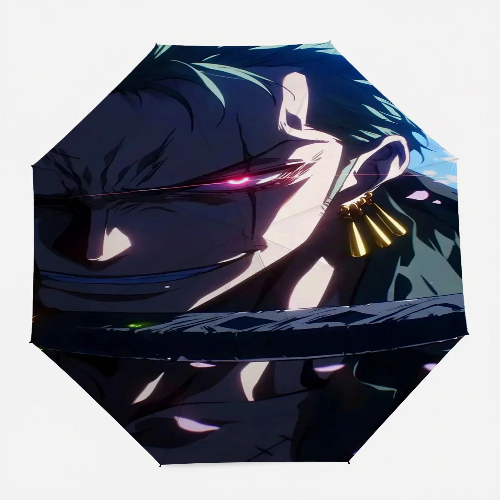 

Зонт-автомат One Piece с изображением Ророноа Зоро: крупный план, светящиеся красные глаза, три золотых кольца, меч, аниме-арт, ветрозащитный, водонепроницаемый