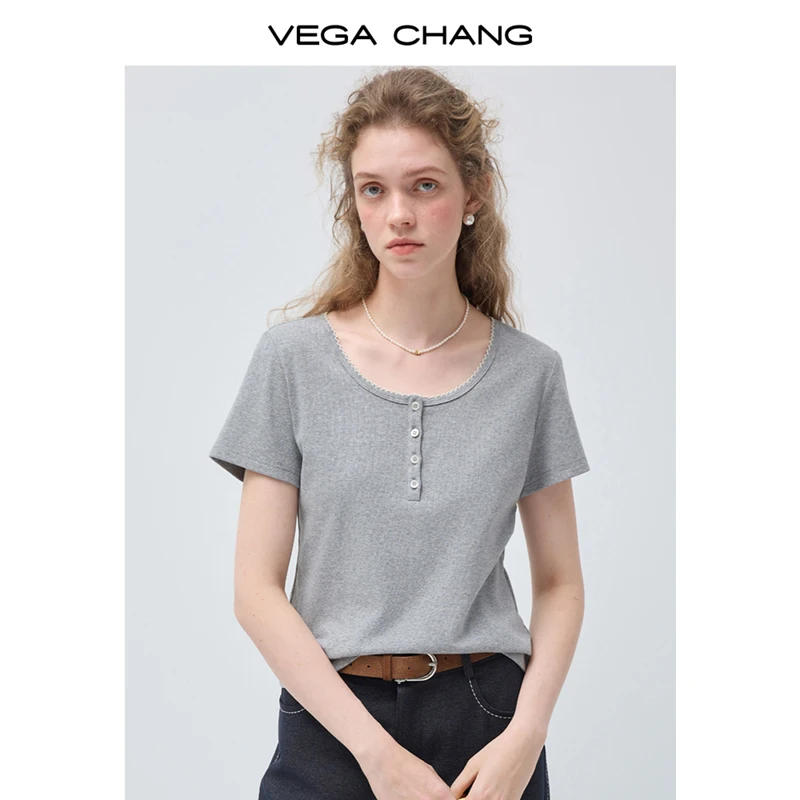 

Женская футболка Vega Chang с U-образным вырезом и коротким рукавом, с частичной планкой на пуговицах, в городском стиле, новинка весна-осень
