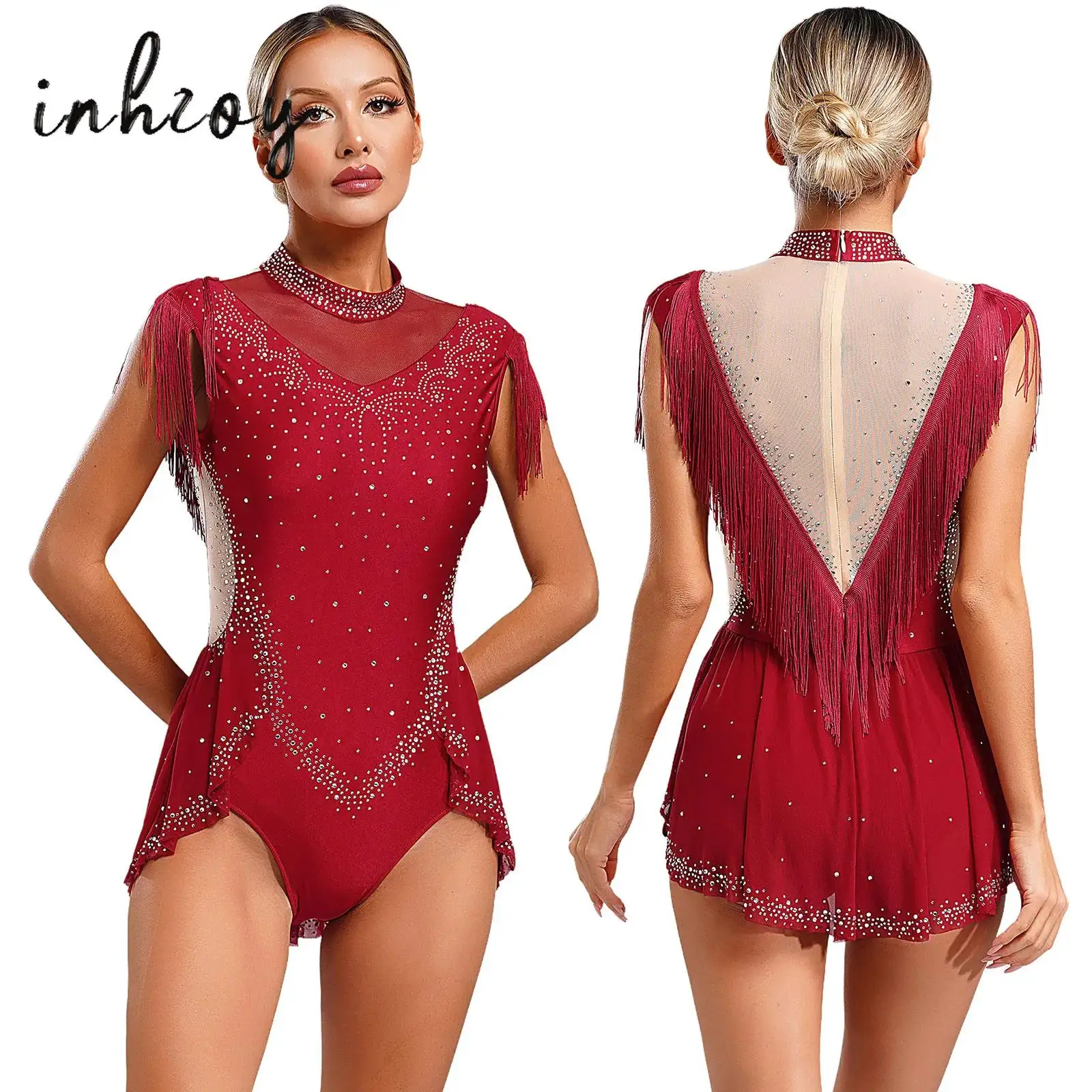 

Womens Artistic Figure Skating Fringe Bodysuit Mesh Rhinestone Leotards Latin Cha-Cha Gymnastics Tassel Skirt Jumpsuit Dancewear