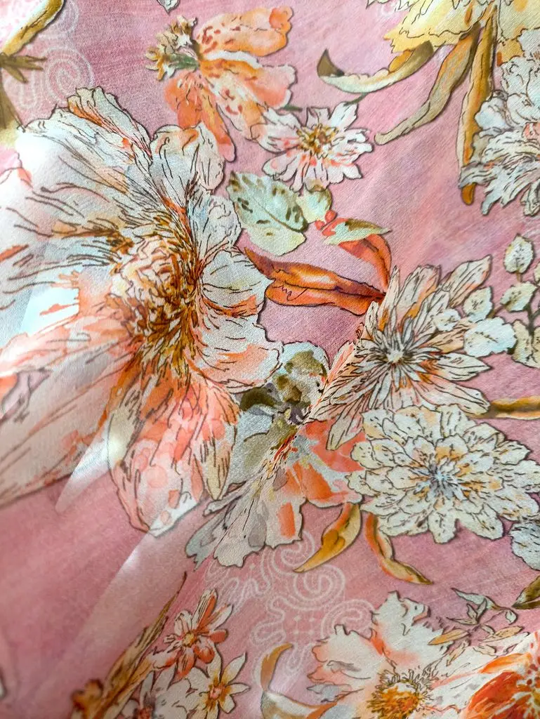 Crepe Italian Luxury D Brand Pink Flowers 100% mulberry Silk Fabric Chiffon Fashion Cloth Shirt Dress Sewing Per Meter Material