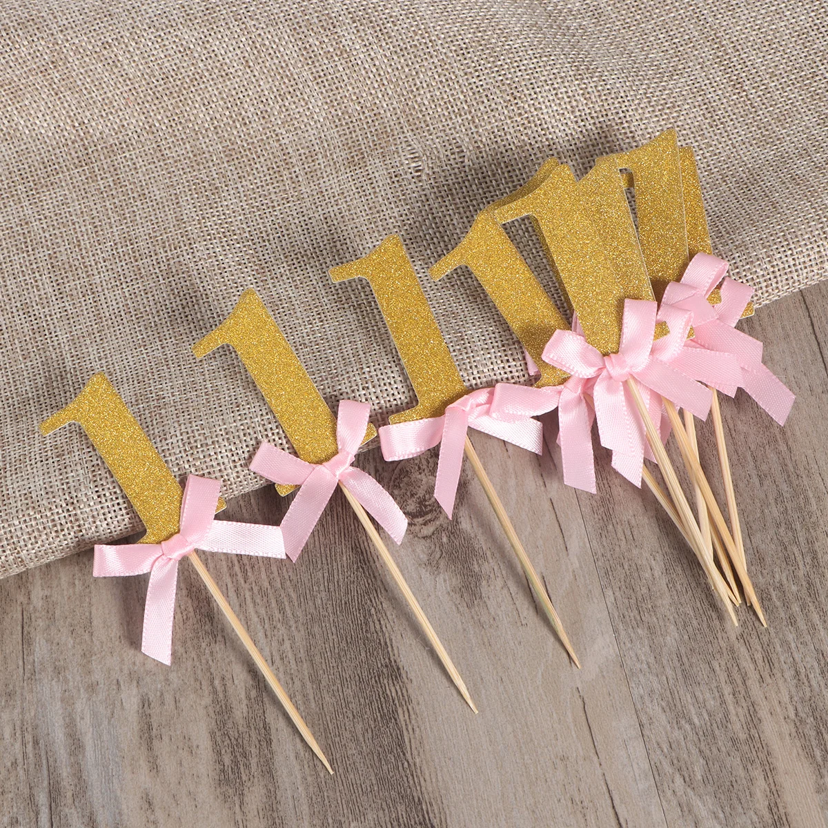

10Pcs Cake Decoration Topper Sparkly Gold Pink Glitter Wooden Stick 1St Birthday Kids Party Food Picks