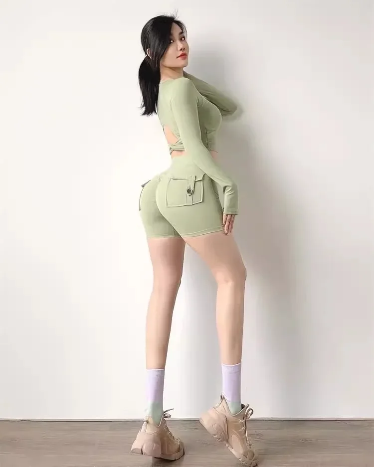 High-Waist-Yoga-Shorts für Damen, hohe Elastizität, sexy Po-Lifting, mit Tasche, atmungsaktiv, für Radfahren, Outdoor-Übungen, Yoga-Shorts – Detail 14