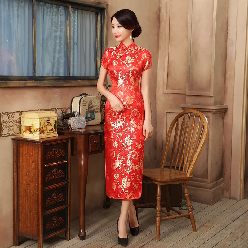 Chinese Classic Costume Elegant Brocade Satin Long Fork Cheongsam  Women's Qipao Short Sleeve Sexy Wedding Evening Party Dress