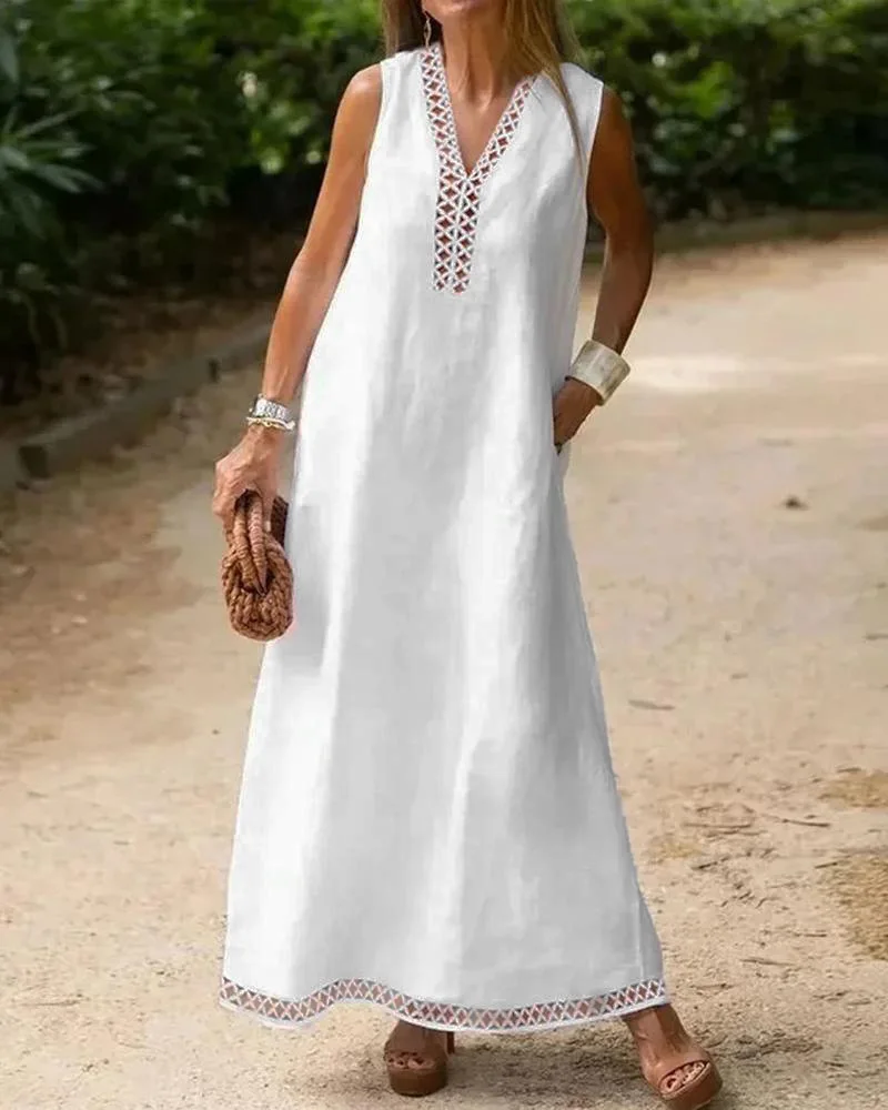 Vestido Casual Solto com Decote em V e Recortes em Renda, Estilo de Rua F, Saia Longa de Poliéster com Silhueta em A, ...