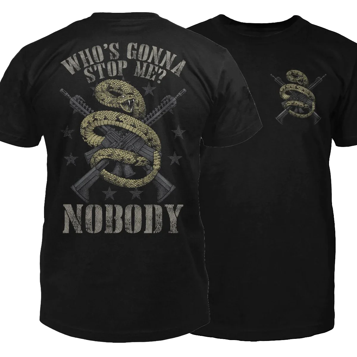 Who's Gonna Stop Me? Nobody! Novel Unique Rattlesnakes Entwined Crossed Rifles Printed T-Shirt. Cotton Short Sleeve Mens T Shirt