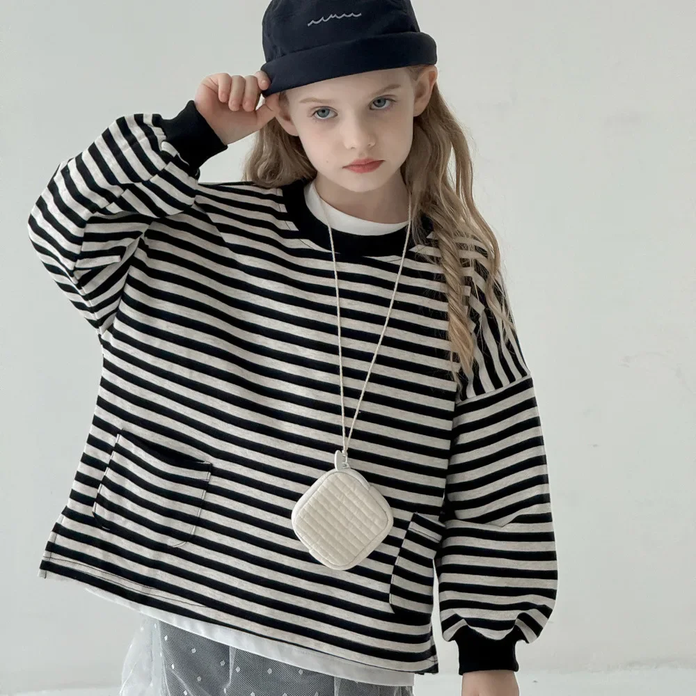 

Girls Hoodie 2024 Autumn New Childrens Clothing Girls Baby Foreign Style Striped Loose Pullover Hoodie Casual Simple Daily