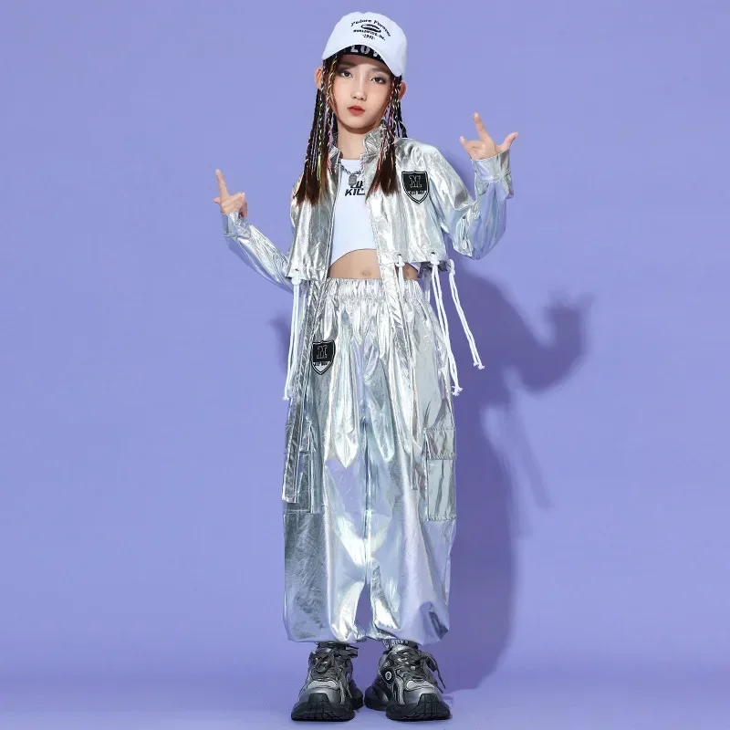 Neues Hip-Hop-Kostüm für Kinder, silberne Jacke, Hose, langärmelig, Straßentanz-Outfits, Teenager, Mädchen, Jazz-Bühnenkleidung