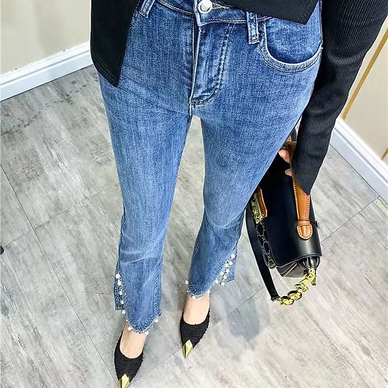 High Waist Slimming Nine-Tenths Flared Jeans Women's Summer New Sle Sequin Heat Pred Denim Pants Long Trousers