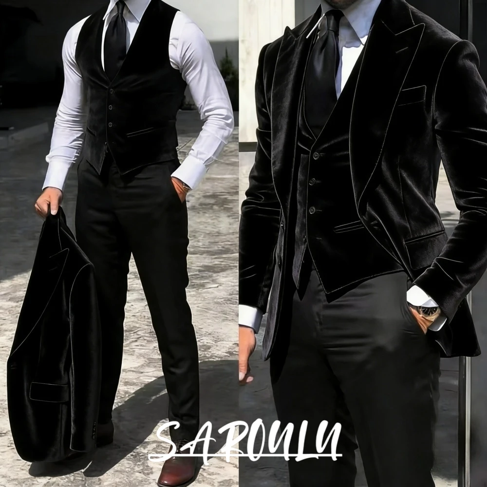 

Slim Fit Men's Black Velvet 3 Pieces Suit Stylish Blazer Vest Trousers Classy Office Daily Fashion Formal Cocktail Party Tuxedo