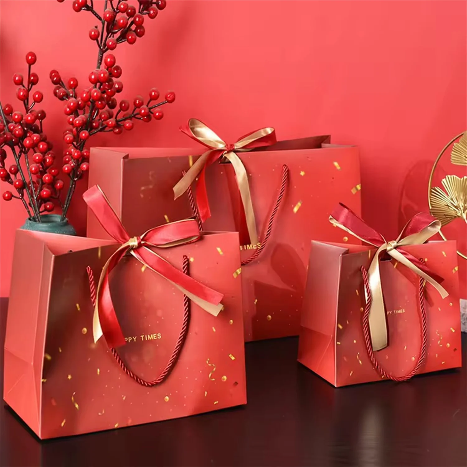 

24pcs Paper Red Wedding Party bag Personalized Jewelry Package with Blue Bow Shopping Baby Shower Birthday Candy Packaging