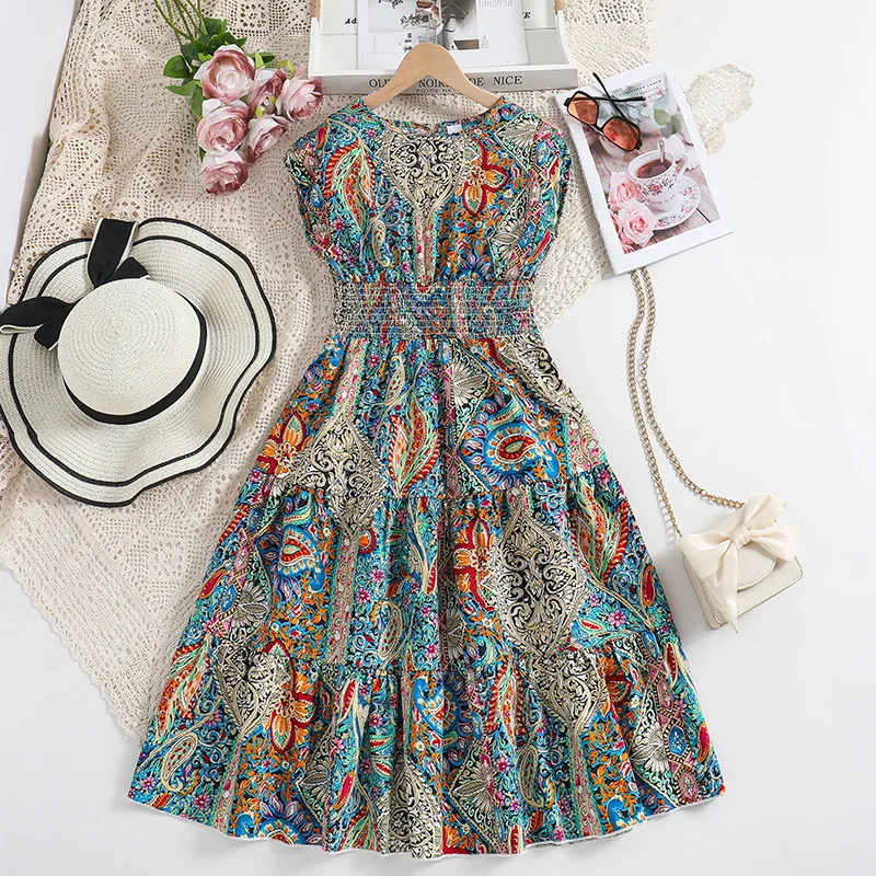 

2024 Summer New Arrival Girls Sleeveless O Neck Print Multi Designer Cute Party Princess Dress Custume 4-7T