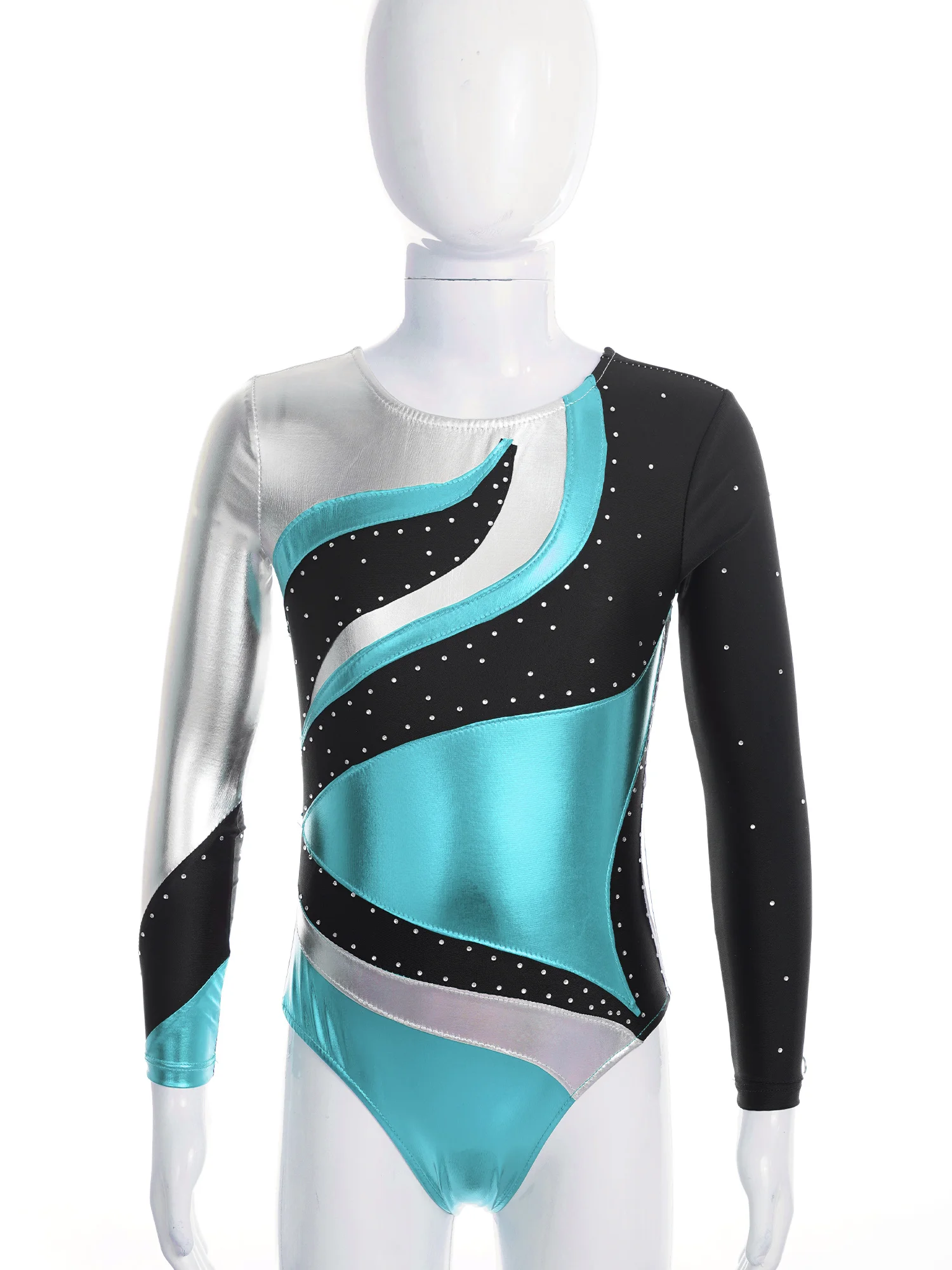 Collant de balé com strass para meninas, bodysuit ginástica, patinação, performance de palco, manga comprida, roupas dançantes brilhantes para crianças