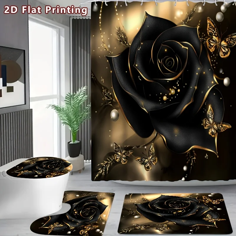 4pc 2D Flat Black Rose Shower Curtain Set, Black Rose & Golden Insects Pattern, Gothic Home Bathroom Decor, 12 Hooks Included