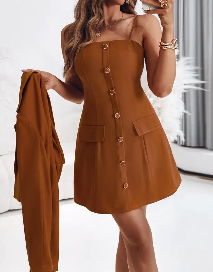 

Two Piece Set Women Outfit 2025 Spring New Notched Collar Long Sleeve Coat & Cold Shoulder Spaghetti Strap Button Dress Sets