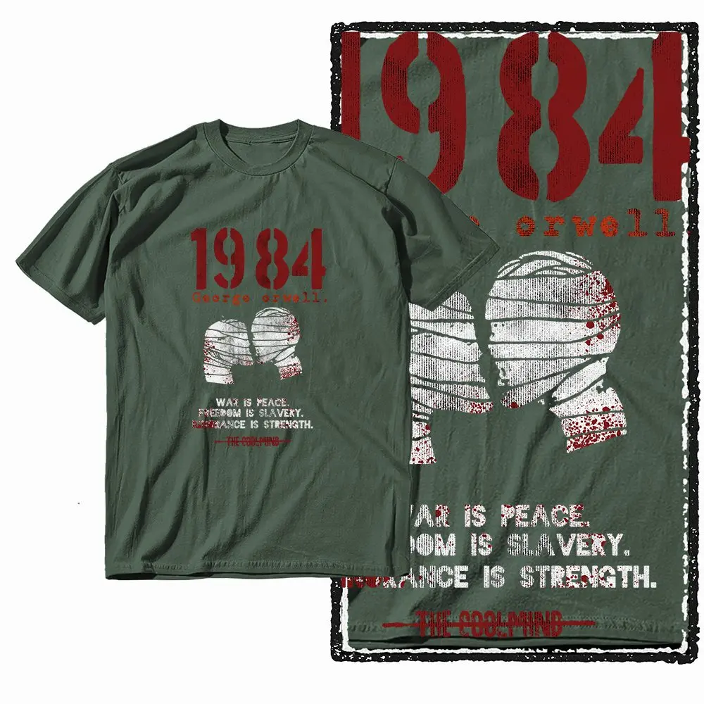 G01 Armeegrünes Baumwoll-T-Shirt in großer Größe mit 1984-Grafik für Herren |   Streetwear Cooles Vintage O-Neck Herren-T-Shirt