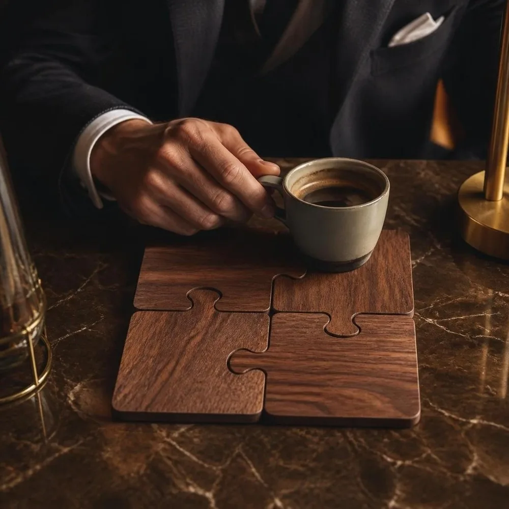 4pcs Vintage Wooden Coaster Set Non Slip Heat Resistant Building Block Coasters Christmas Decor Puzzle Coasters Home Decor