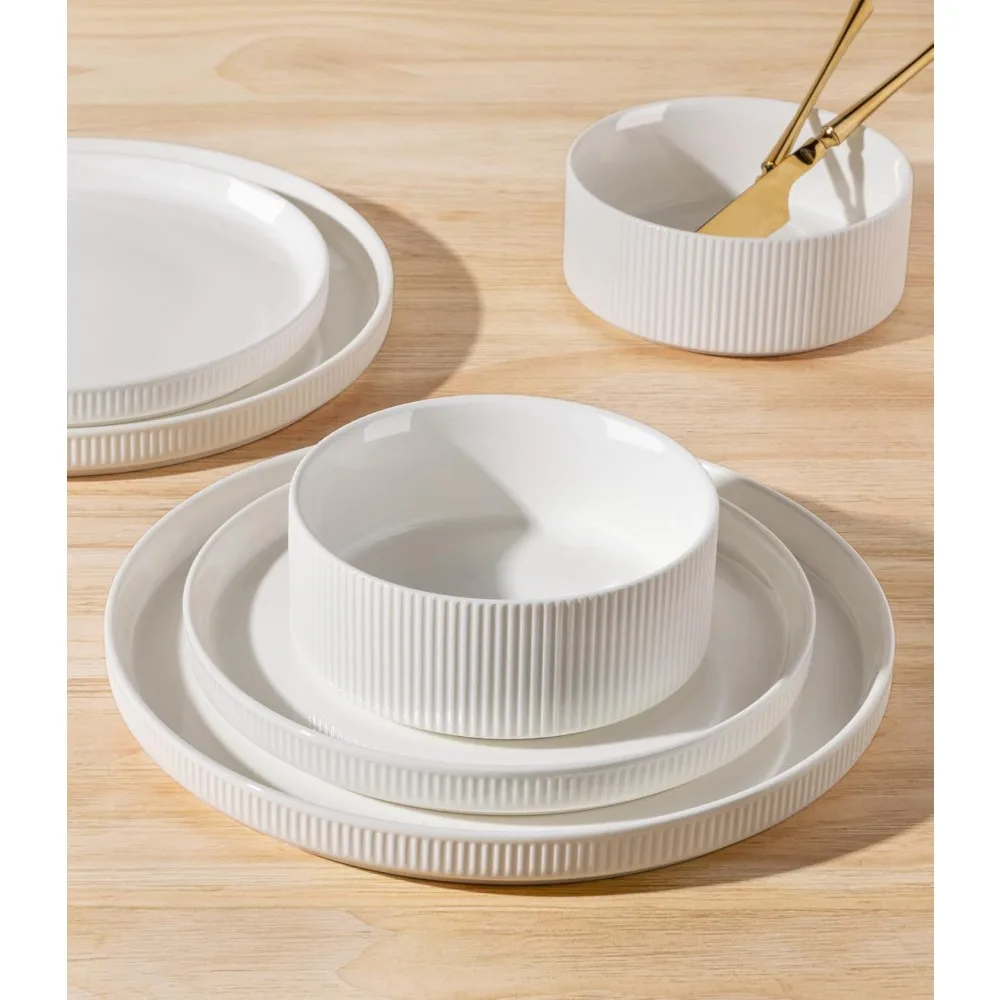 Conjunto de louça de cerâmica Terra para 8 pessoas, conjunto de prato e tigela de porcelana leve e durável de 24 peças, resistente a arranhões, forno