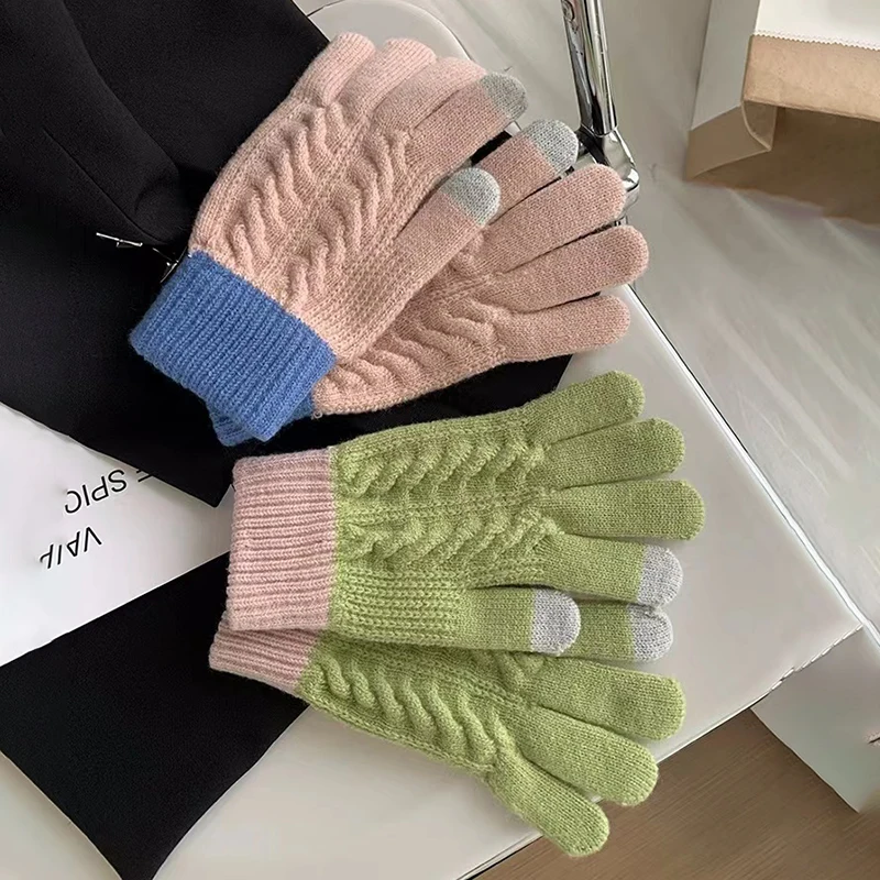 Fashion Touch Screen Elastic Full Fingers Wool Knitted Gloves Women Winter Mittens  Solid Color Mittens Thicken Warm Gloves