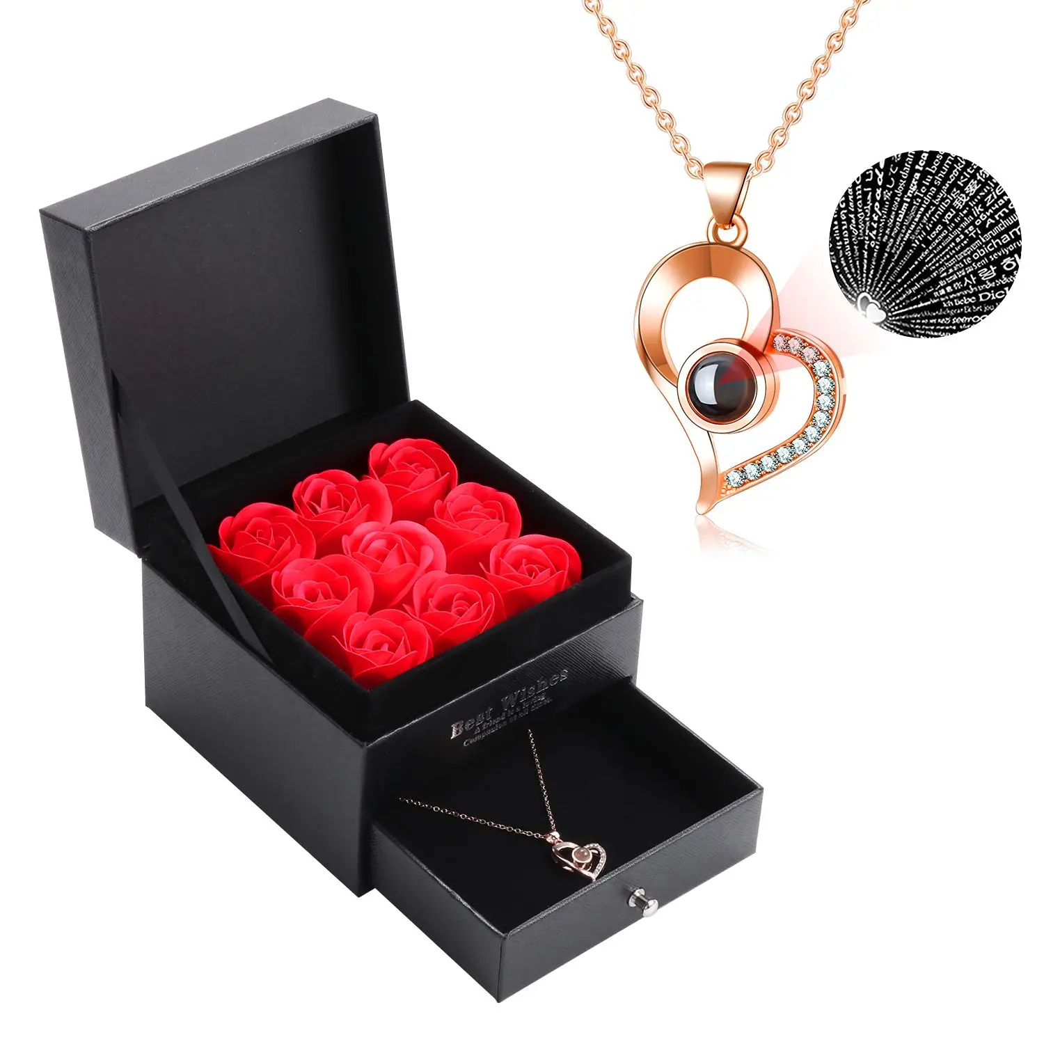 

New Year Present Christmas Valentine's Day Gift with Projection Necklace Handmade Eternal Preserved Rose Flower Gift Box