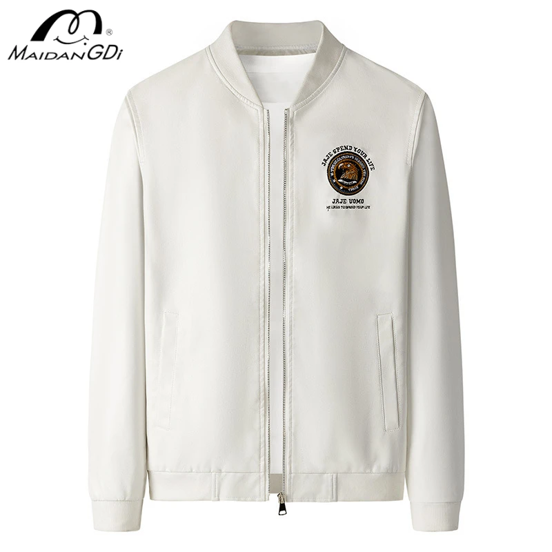 

MaiDangDi New Embroidered Leather Jacket Casual Fashion Baseball Collar Flight Suit White Leather Jacket