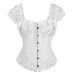 Women Corset Top Plus Size Shoulder Straps Bustier Overbust Sexy Lace up Floral Brocade Vintage Victorian Fashion Black