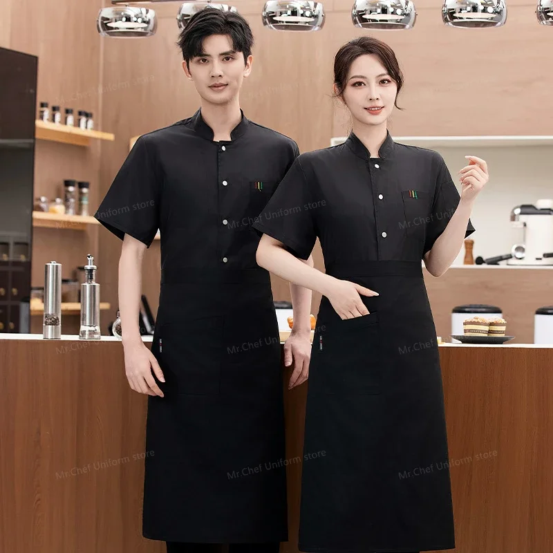 Schwarze Kurzarm Kochjacke Herren Küchenkochmantel Atmungsaktive Mesh Kochuniform mit Schürze Restaurant Arbeitskleidung individuell