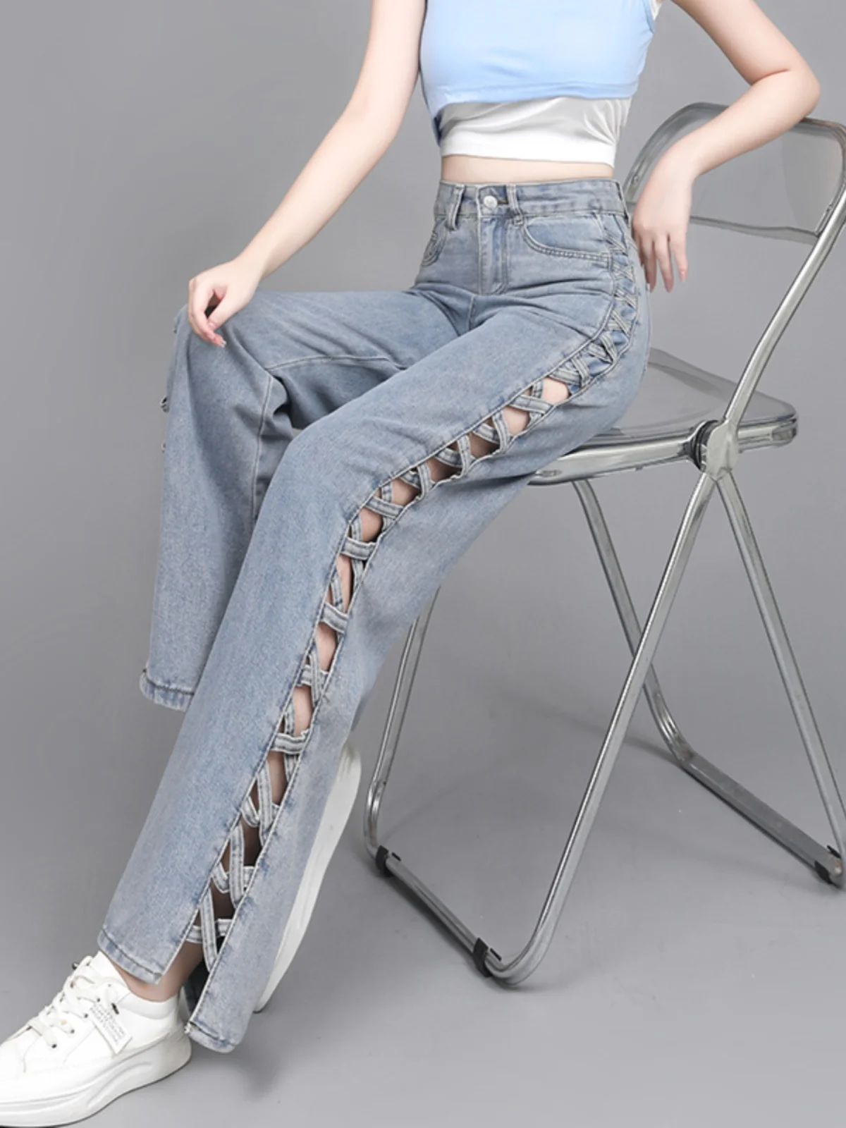

American Sle Spicy Girl Woven Hollow Wide Leg Jeans Women's Casual Design Slimming High Waist Floor Length Summer Trend