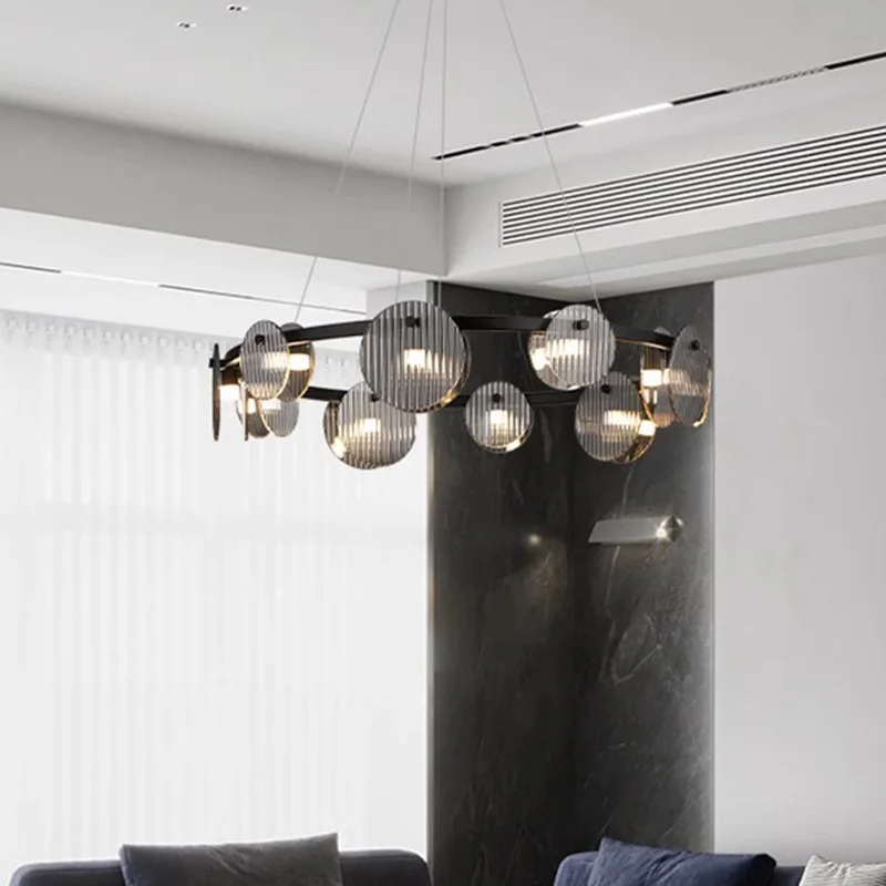 Elegant Modern Black Metal Frame Linear Pendant Lighting with Round Ribbed Glass Discs for Dining Living Room Home Deco