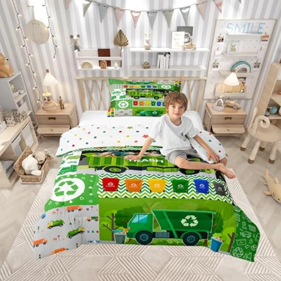 

Cartoon Garbage Truck Bedding Comforter Sets, Colorful Trash Can Cute Green Cars Trees Bedding Set for Bedroom, Watercolor Abst