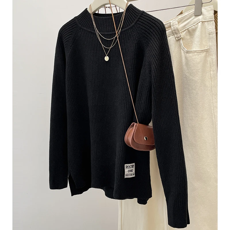 Plus Size Chubby Girl Solid Color Half High Neck Long Sleeve Knitted Sweater 2024 Autumn Winter Lazy Style Wygodny top damski