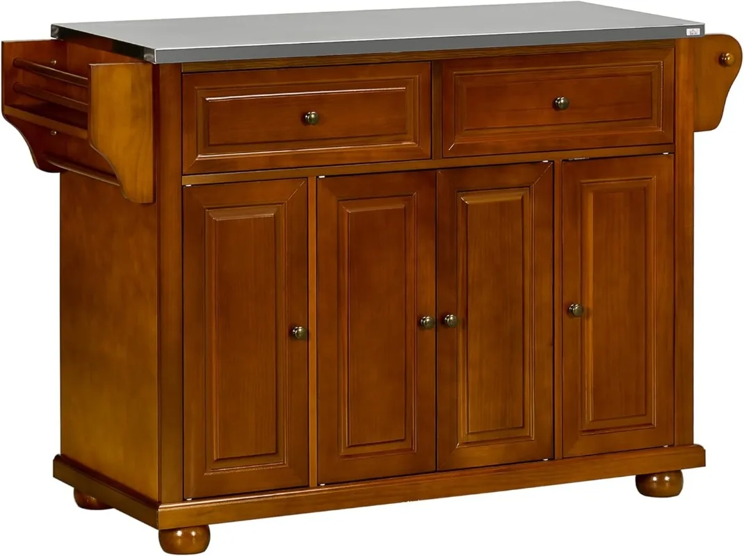 Triple-Cabinet Double-Drawer Kitchen Island with Storage, Butcher Block Island with Stainless Steel Top, Spice and Towel