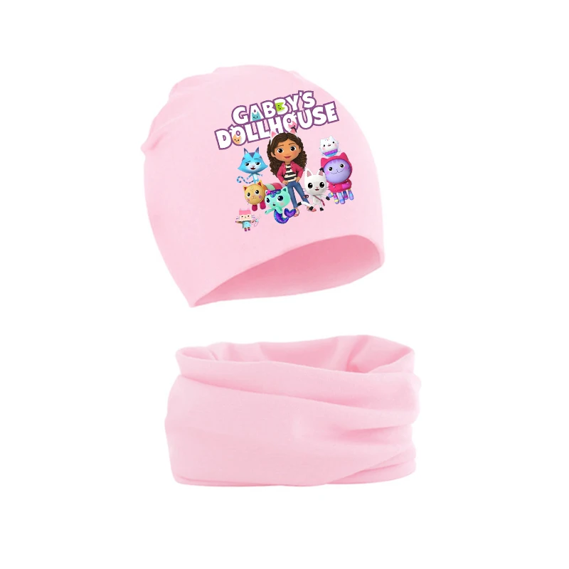 Gabby dollhouses menina bebê chapéu cachecol anime bonito outono inverno quente algodão confortável criança gorro crianças malha boné colarinho 2 peças conjunto