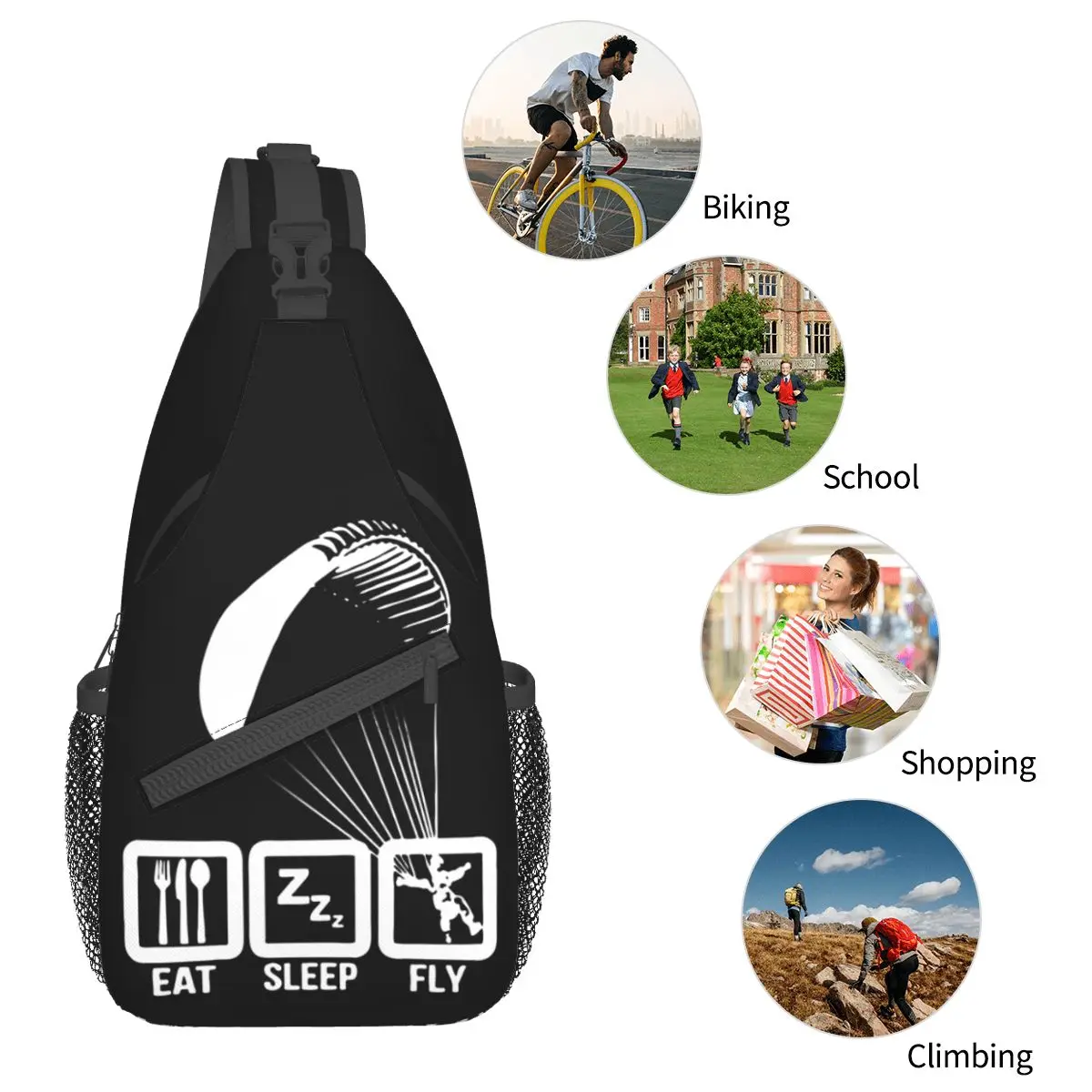 Eat Sleep Fly parapente, bolsas pequeñas de hombro cruzado en el pecho, mochila de viaje para senderismo, mochila con patrón de parapente