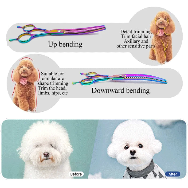 Bunte gebogene Effilierschere für Hunde, 7,0 Zoll, professionelle Hundepflegeschere, gebogene Effilierschere für Haustiere – Detail 5