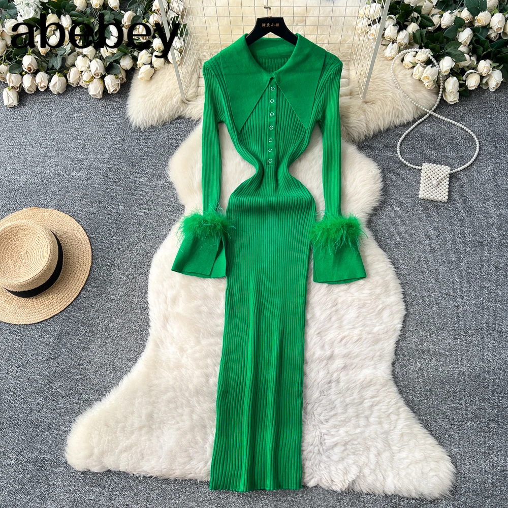 2026 neue Luxus Designer Pelz Einem Stück Gestrickte Lange Kleider Herbst Winter Dünne Elastische Bodycon Pullover Kleid Dame Party Kleider