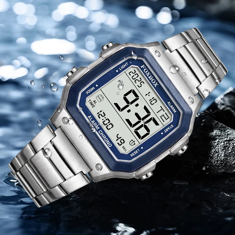 FOXBOX Square Luxury Fashion Digital Man Watch Casual Sport Stainless Waterproof Retro Alarm Multifunctional Electronic Watches