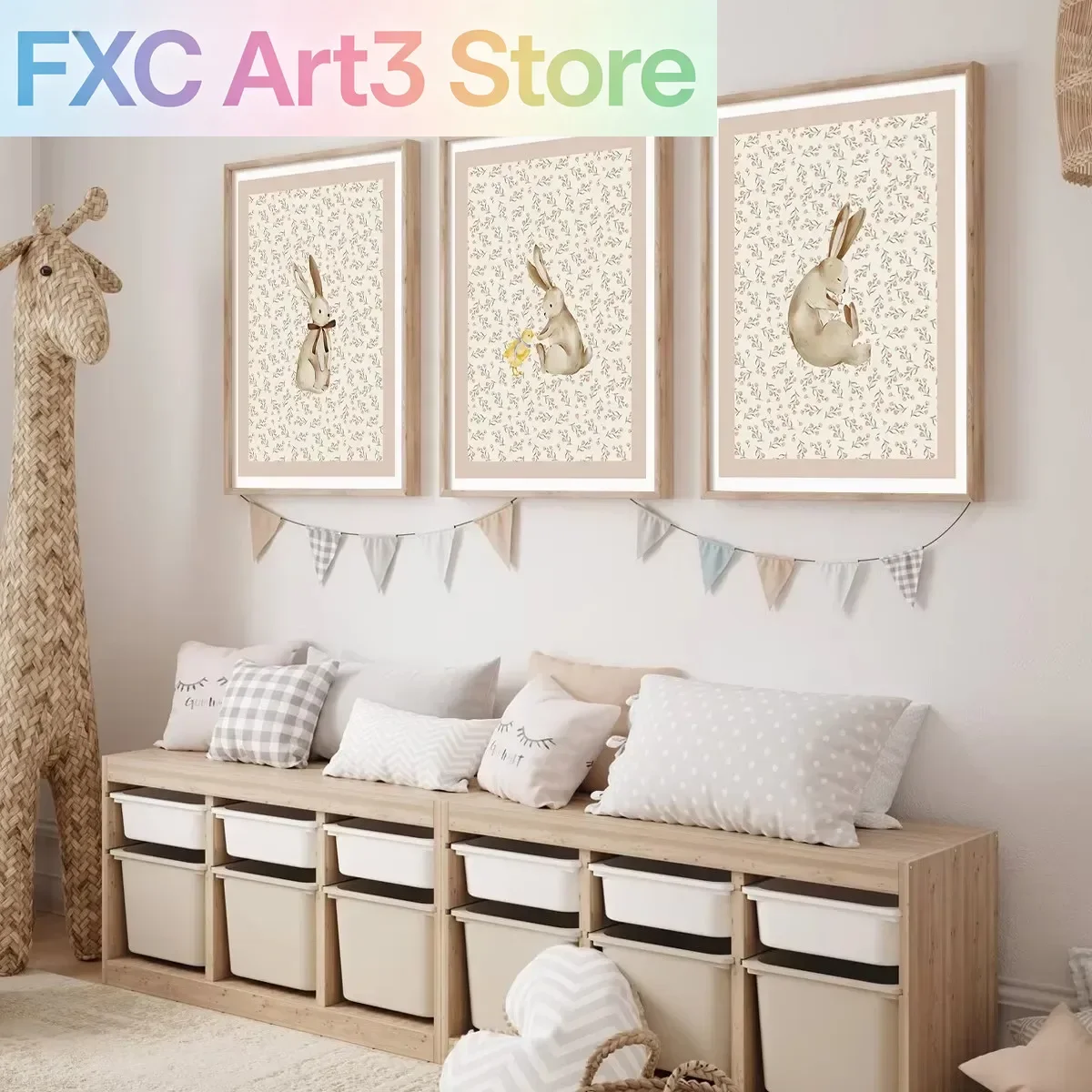 3-teiliges Set rahmenlos, Beige, Bohemian-Stil, Kaninchen und Ente, Leinwanddruck, Waldtier, Kinderzimmer, Wandkunst, Poster für moderne Häuser