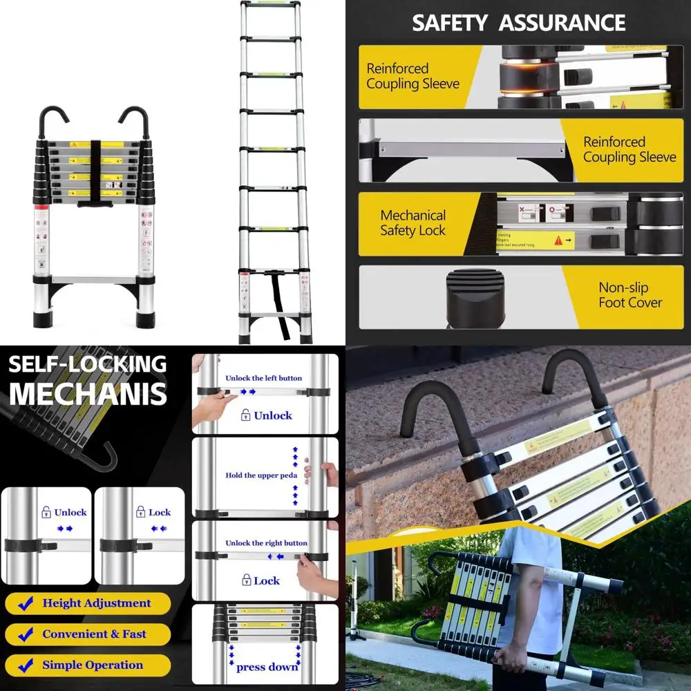 سلم تمديد من الألومنيوم خفيف الوزن بطول 9.5 قدم مع خطاف، سعة 330 رطل، قابل للطي للاستخدام متعدد الأغراض #1