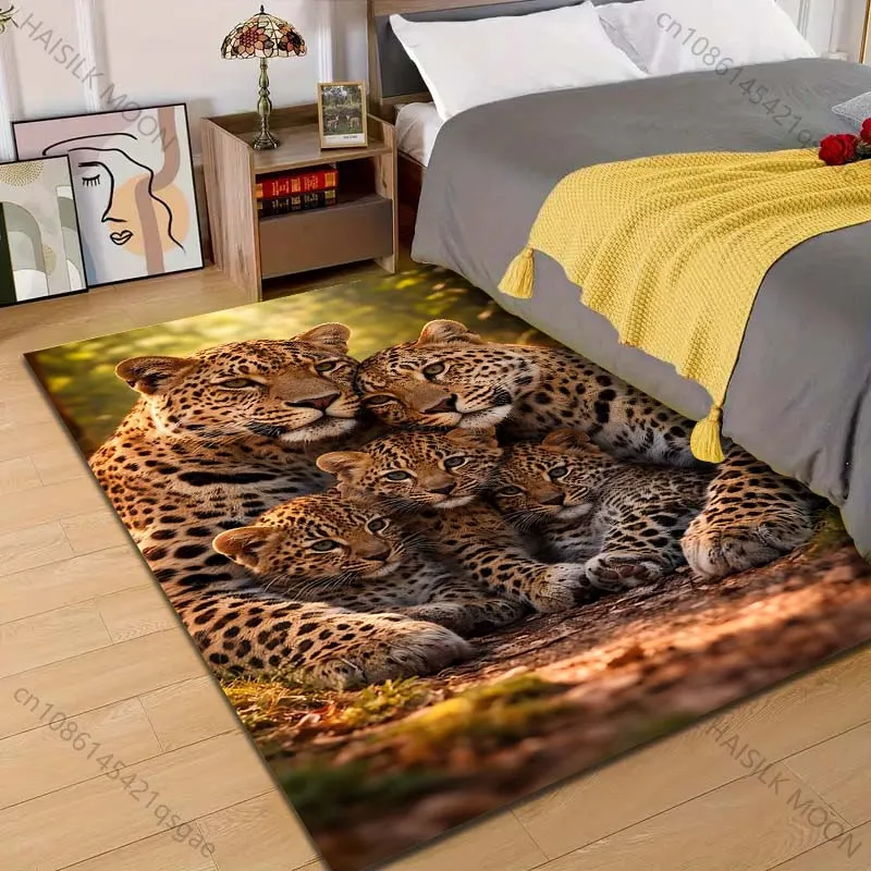Leopard family cuddling in forest Pattern Rug Carpets for Bedroom Living Room Sofa Mat Creative Door Mat Cloakroom Home Decor