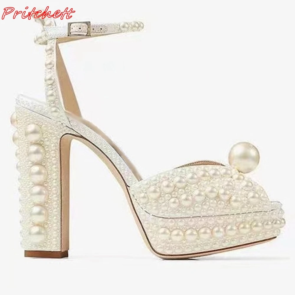 White Full Pearl Women Sandals One Word Belt Metal Buckle Chunky Heels Classic Elegant Party Wedding Summer Fashion Sandals