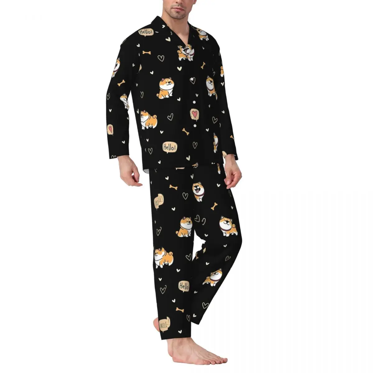 

Pajamas Male Cartoon Shiba Room Sleepwear Funny Animal 2 Pieces Casual Loose Pajama Sets Long Sleeve Warm Oversize Home Suit