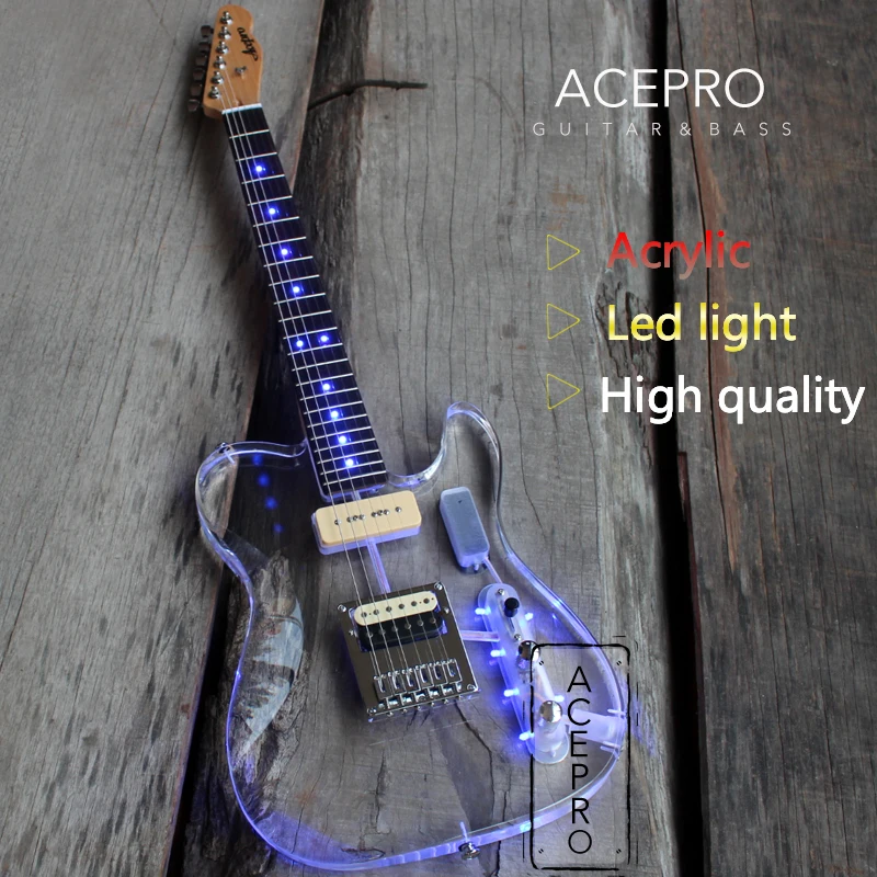Acepro Blue LED Light Electric Guitar Acrylic Body Rosewood Fretboard Maple Neck LED Color Customizable