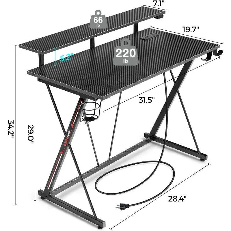 Gaming Desk with LED Lights & Power Outlets, 31.5